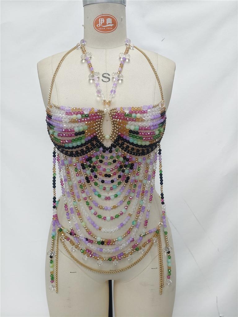 Handmade Music Festival Outfit Body Chain Layered Jewelry Top Women Sexy Purple Crystal Beaded Crop Top Chain and Waist Chain