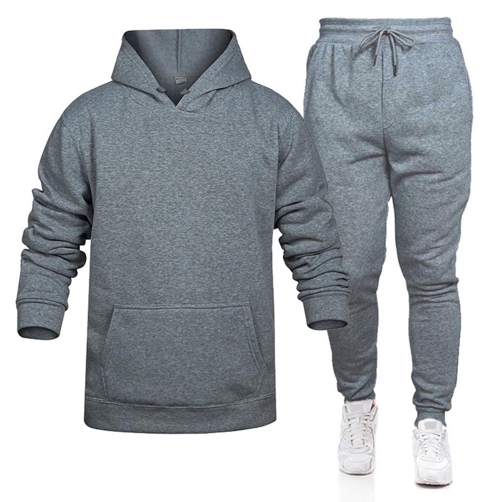 Men's Winter Solid Color Long-Sleeved Hooded Drawstring Sweatshirt And Sweatpants Suit