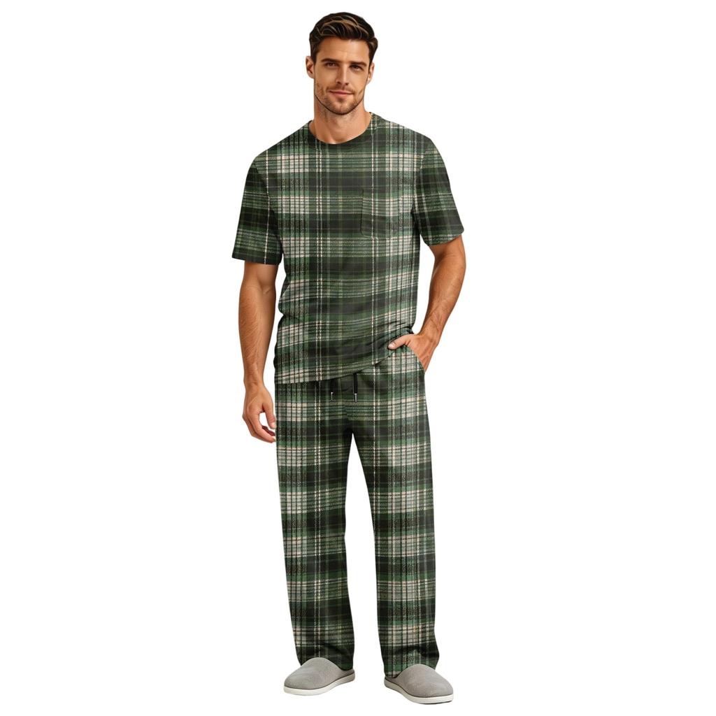 Men's Short Sleeve Pajama Set with Button Fly and Elastic Drawstring Waist for Sleepwear