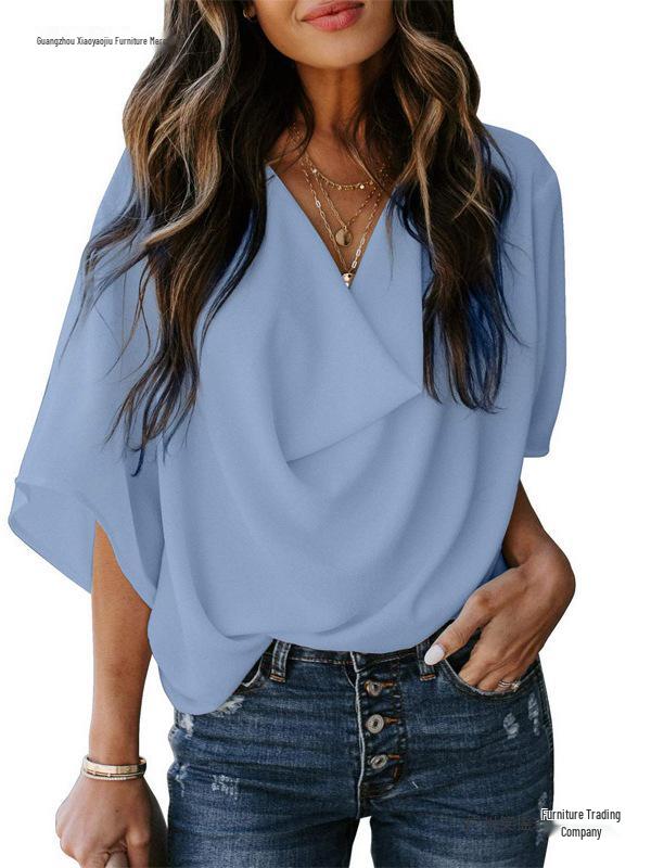 2026 Chiffon V-Neck Loose Casual Top - European & American Style Women's Shirt
