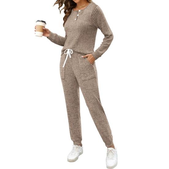Women's Ribbed Knit Outfits 2 Piece Long Sleeve Pajama Set Fall Casual Sweatshirt And Joggers Lounge Set