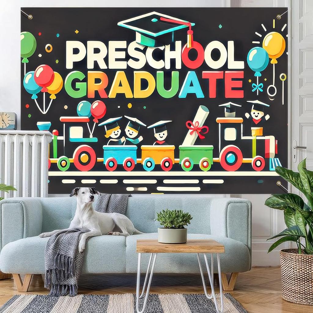 Preschool Graduation Banner Outdoor Backdrop Graduation Decorations 71x43 Inches 2025 Congrats Grad Banner with Balloons Train Ideal for Preschool