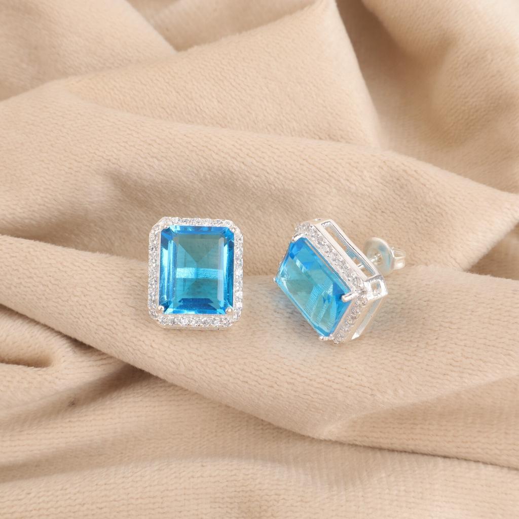 Swiss Blue Topaz Gemstone 925 Sterling Silver Jewelry Zircon Stud Earrings 0.57" CZE-6-8