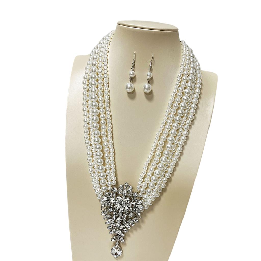 Layered Rhinestones Pearls Jewelry Set Necklace Earrings Dazzling Formal Event Accessories Lightweight Design Acessory