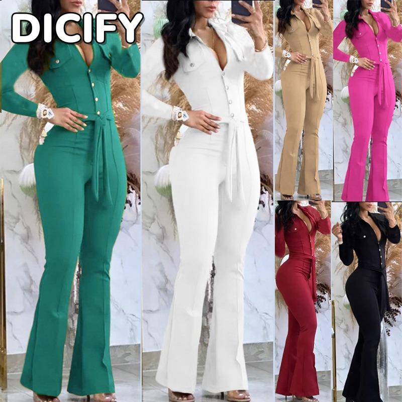 Moda Casual Feminina DICFY Cor Sólida Estampa Outono Inverno Manga Longa Macacões & Macaquinhos