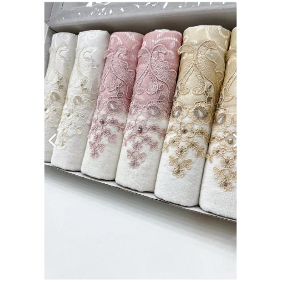 Guipure Satin Embroidered Patterned Boxed Luxury Dowery 50x90 6 Pcs Hand Face Towel Set