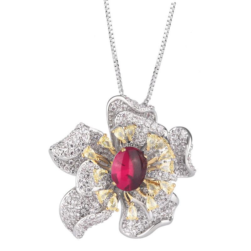 Set Accessories Bright Ruby Flower Ring Necklace Earrings High-end Light Luxury Fashion Women's