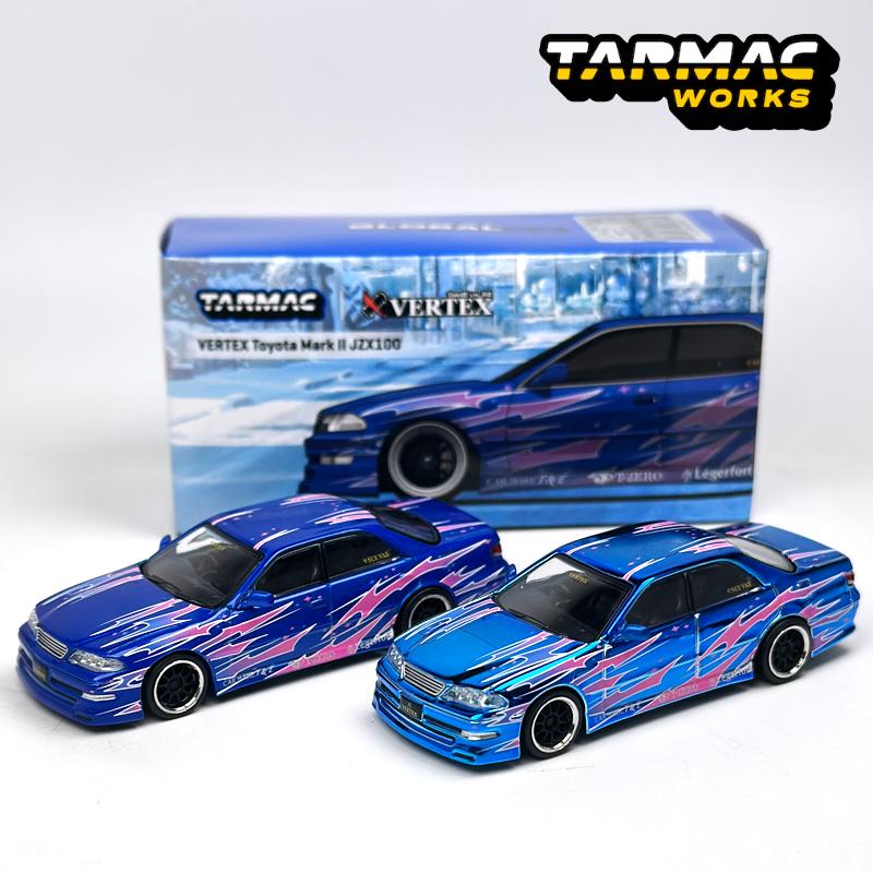 QEZT6 Tarmac Works 1:64 TW VERTEX Toyota Mark II JZX100 Blue Metallic Chase alloy car model
