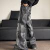 American washed retro tie-dye black jeans men's trendy brand zipper decoration European and American high street loose and thin trousers
