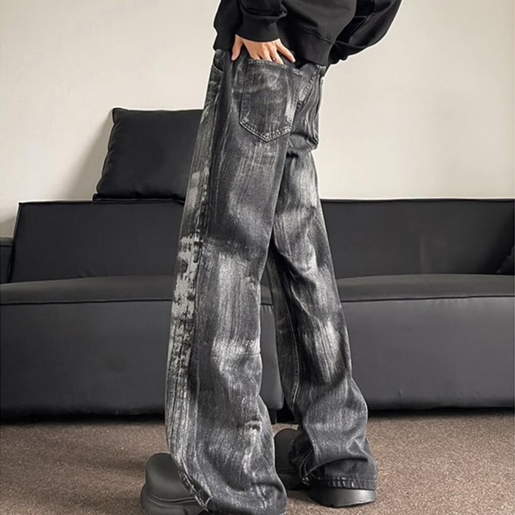 American washed retro tie-dye black jeans men's trendy brand zipper decoration European and American high street loose and thin trousers