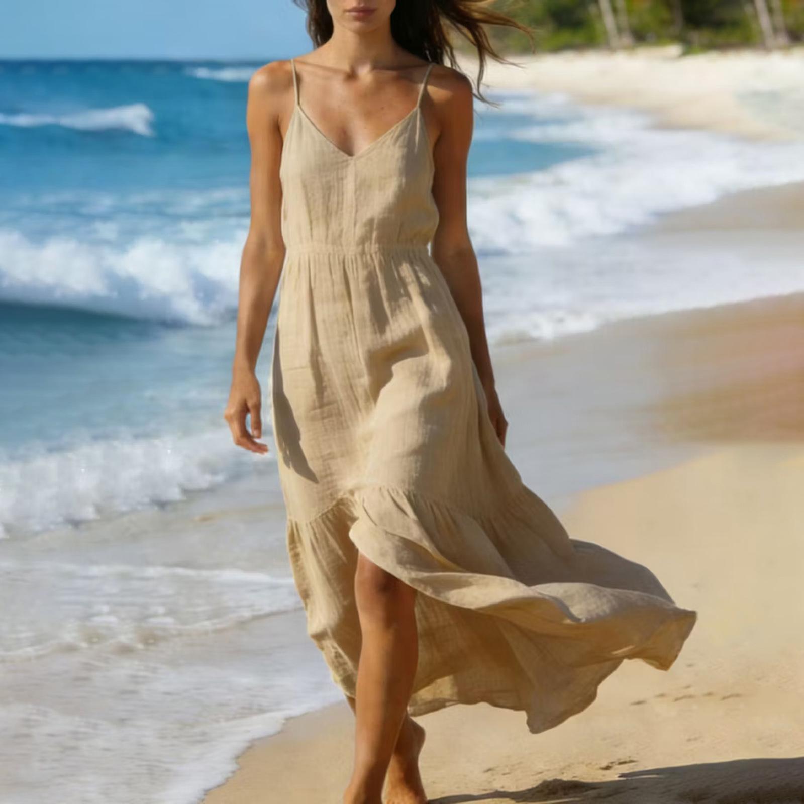 Women’s Summer V Neck Long Spaghetti Strap Dress Lightweight Sleeveless Flowy Beach Holiday Maxi Dress for Casual Wear L