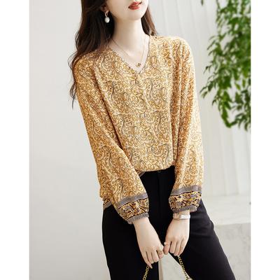 Exotic Printed Chiffon Shirt Spring New V-neck Long-sleeved Shirt Women's Top