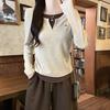 Spring Autumn Fake Two Pieces Long Sleeve T-shirt Women Casual Fashion Patchwork All-match Pullover Tee Top
