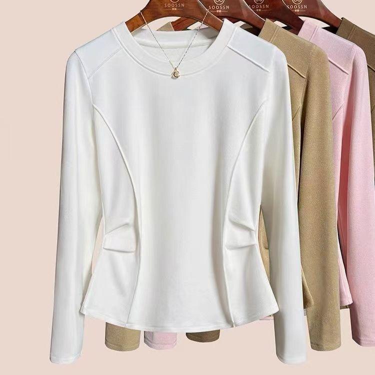Women's Plus Size Base Shirt Round Neck Velvet Base Shirt Slim Fit Solid Color Stretch Long Sleeve T-Shirt