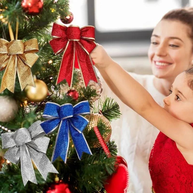 12/1pcs Glitter Bow Gold Red Xmas Tree Ribbon Bowknot Hanging Pendant Ornaments for Christmas New Year Party Home Decor Gifts