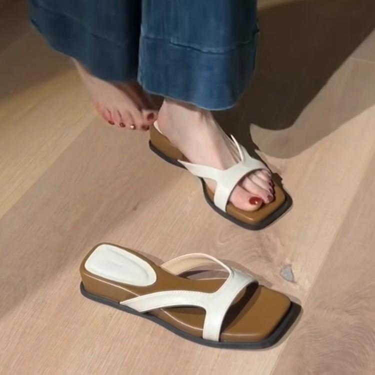 Soft leather version~ Korean version of simple outer wear thick-soled one-word slippers women's retro casual soft-soled open-toed simple cool slippers