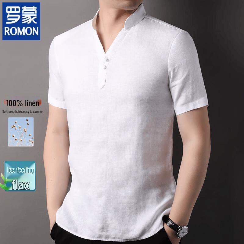 ROMON Men s Summer V-Neck Linen Blend T-Shirt L