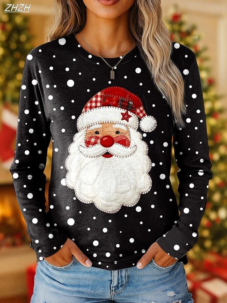 Dames Klassiek Kerstman Print Lange Mouwen, Feestelijk Ronde Hals Top, Feestelijke Casual Stijl, Herfst Winter Seizoensgebonden Mode T-shirt