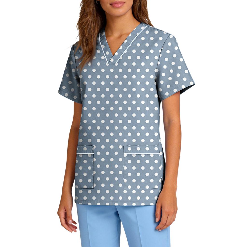 Women's Stretch Quick-Dry V-Neck Short Sleeve Workwear Top with Polka Dot Print & Pockets