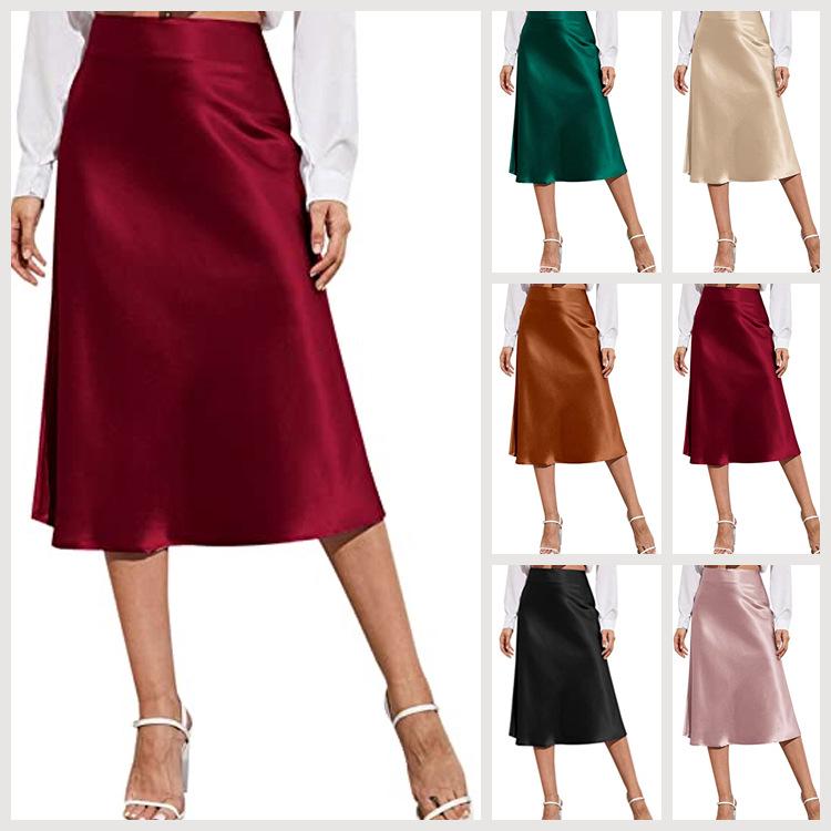 Women's High-Waist Satin Midi Skirt - Elegant Solid Color with Zipper