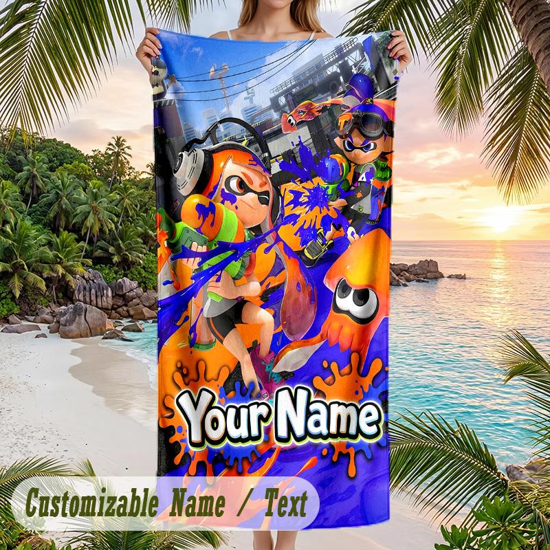 Splatoon Beach Towel, Personalized Custom Text, Quick Dry Soft Large Towel For Swimming Pool Travel