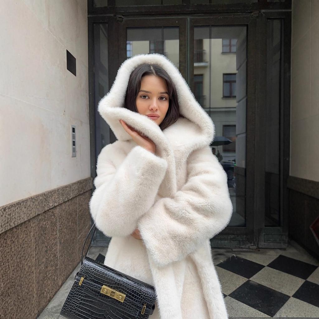 Extended Faux Fur Coat Hooded Belt Plush Clothing