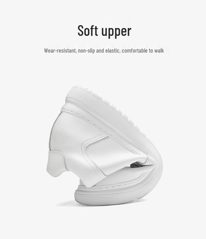 Men's Autumn White Cowhide Sneakers: New Fashion, Thick Sole, Hidden Height Boost, Breathable Round Toe Sports Design