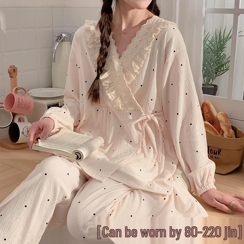 Plus Size Polka Dot Maternity Pajamas - Spring to Summer Loose Home Wear with Breastfeeding Access.