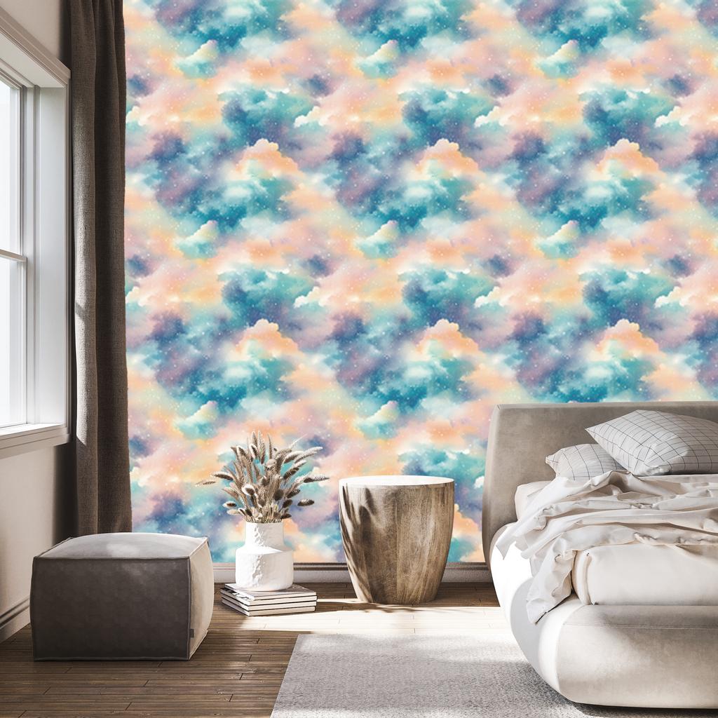 Watercolor Galaxy Wallpaper Turquoise and Cream for Living Room and Bedroom 50x1000