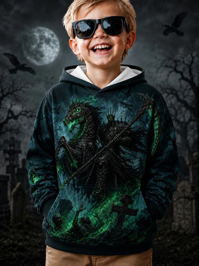 2026 Halloween Bluza z kapturem dla chłopców z grafiką czaszki 3D Pulower Długi rękaw Wiosenna Odzież sportowa Moda Streetwear Dzieci 4-7 lat Z kapturem Codzienna