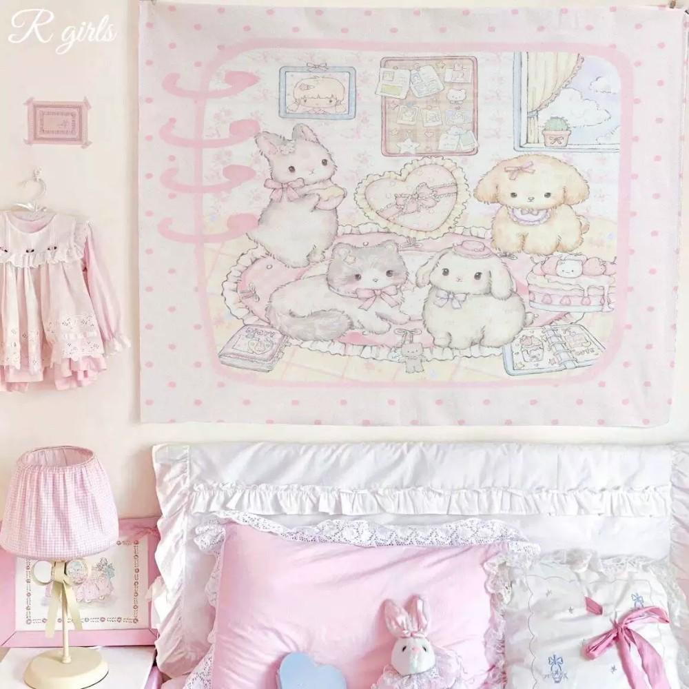 Kawaii Vintage Pink Bunny Cat Dog Tapestry, Lace Bow Bedroom Scene Wall Hanging, Pastel Background Cloth for Girls Dorm Decor