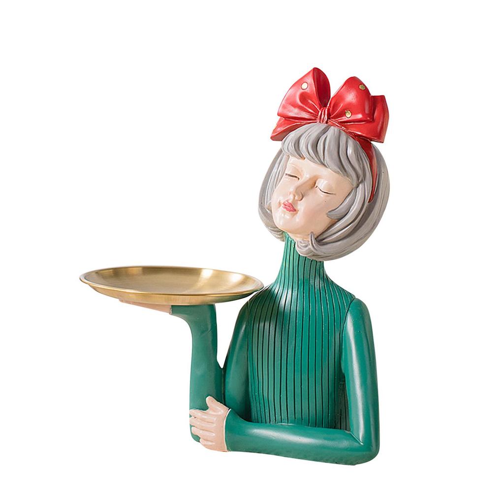 Multi Purpose Girls Statue with Tray Home Decoration Figurine Ornament Sculpture Keys Holder Candy Dish for Desk Entryway Office