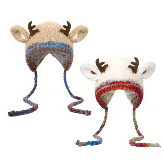 Vánoční čepice s parohy a ochranou uší, dvoufunkční design, ručně pletená slavnostní zimní čepice, kabelka, sváteční dekorace