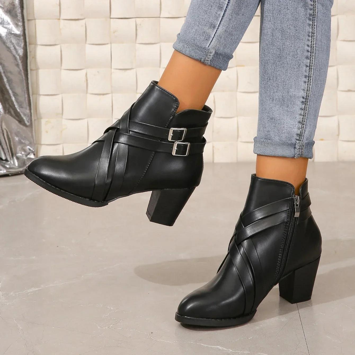 Wucifang Shoes Merk Gesp Dameslaarzen Mode Zijrits Kantoor en Carrière Nieuwe Ronde Neus Enkellaarsjes Schoenen Vrouwelijk 35 zwart