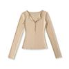 Women's V Neck Button Long Sleeve Slim Fit Top Stretch Solid Color Basic Tee