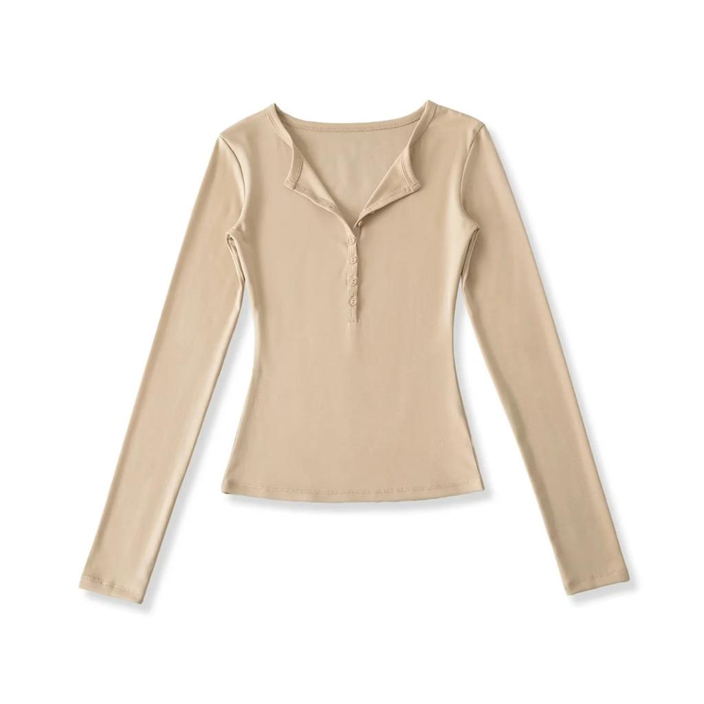Women's V Neck Button Long Sleeve Slim Fit Top Stretch Solid Color Basic Tee
