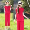 Cotton Silk Two Piece Set Womens Summer Outfit Loose Short Sleeve T-shirt and Pants Casual Trendy Plus Size