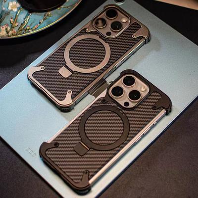 Luxury Carbon Fibre Metal Magnetic Holder Case for iPhone 16 15 14 Pro Max Aluminum Alloy Magsafe Wireless Charging Phone Cover