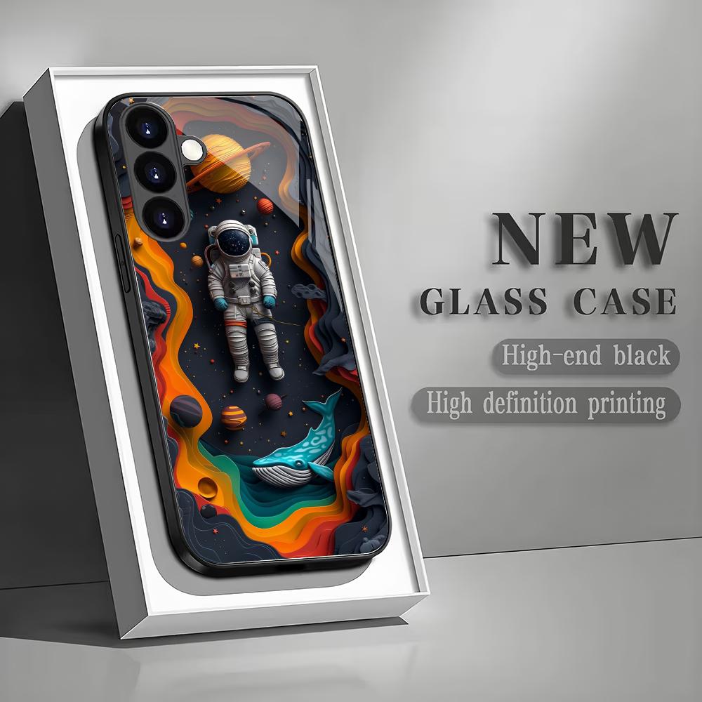 Spaceman pattern glass phone case suitable for Samsung Galaxy S26 S25 S24 S23 S22 S20 FE Ultra Plus 5G anti drop back cover