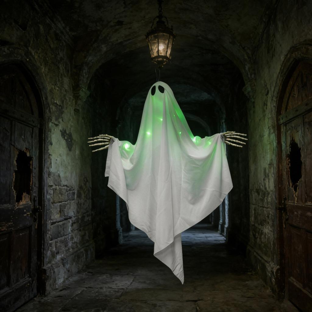 Halloween Glowing Hanging Decoration with Green Light and Multiple Expressions, Outdoor Yard Decor for Garden Amusement