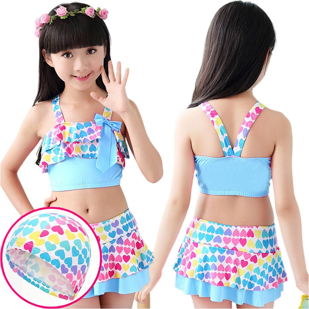 Girls Two Piece Swimsuit Set Tankini Top with Bow Detail Skirted Bottom and Matching Swim Cap for Summer Beach Pool Swimwear