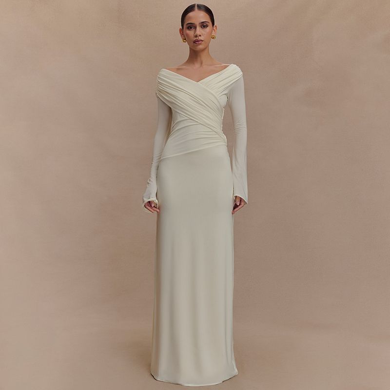 

2025 Cross-Border Fashion Hot Selling Women s Wear Elegant Long Sleeve Dress Fashion Sexy V-neck Pleated Silm Dress Women White L