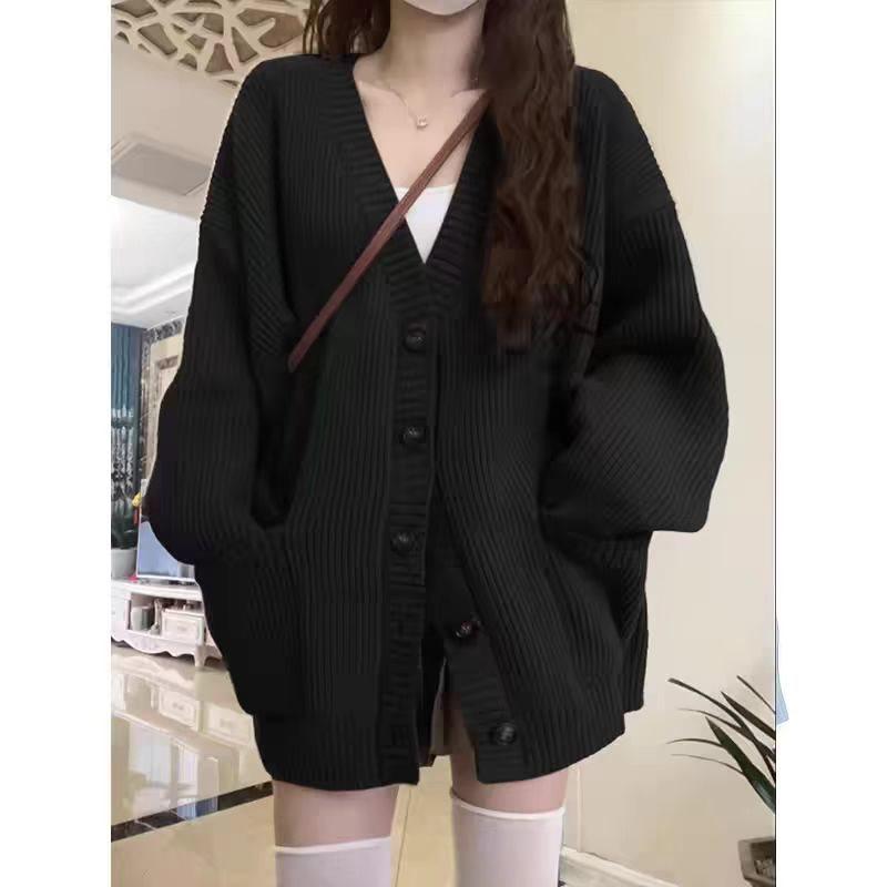 

Женский теплый серый вязаный кардиган - уютный свитер в стиле ретро молочный чай для весны и осени M (Bust 90-100cm)