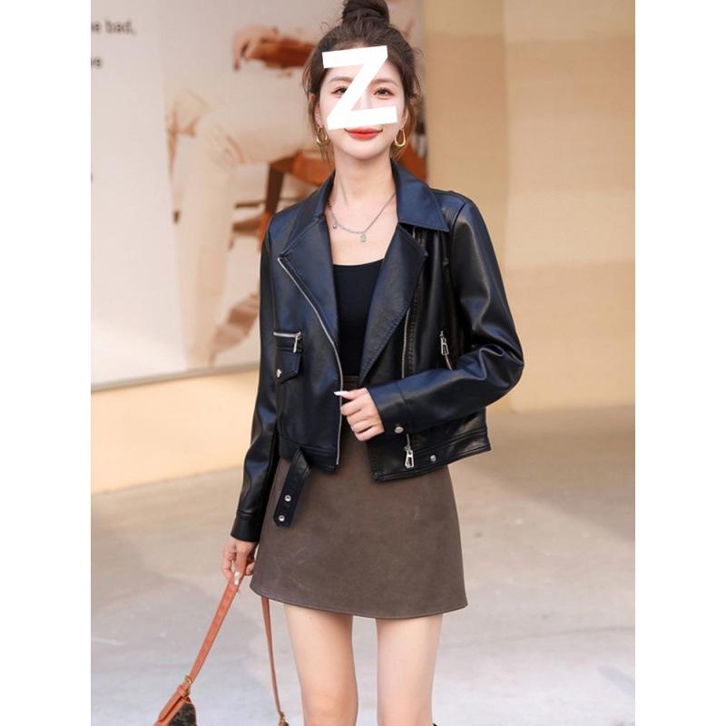 2025 Women's Petite PU Leather Short Motorcycle Jacket, Spring/Autumn Casual Style with Suit Collar.