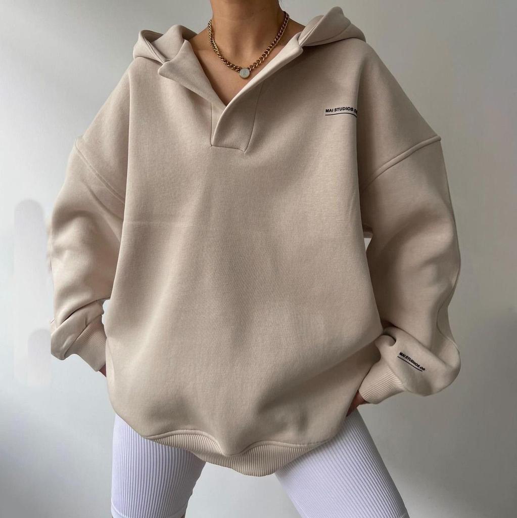 Damen Langarm Kapuzenpullover V-Ausschnitt Lockere Pullover Damen Tops Einfarbig Sweatshirts