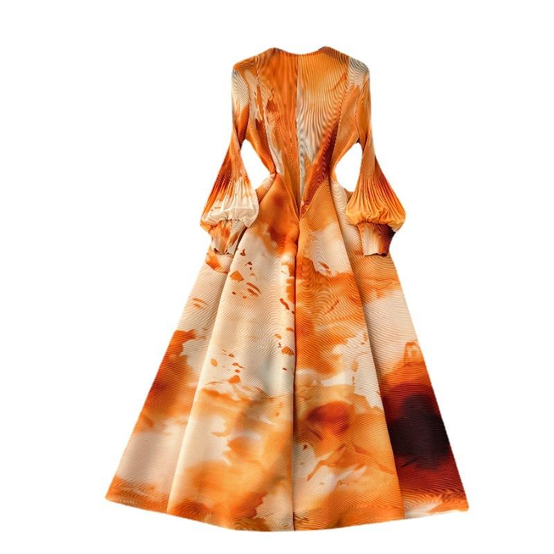 Französisches Kleid für Damen, leicht, luxuriös, schweres Plissee, schmal, langes Design, Swoosh-Druck