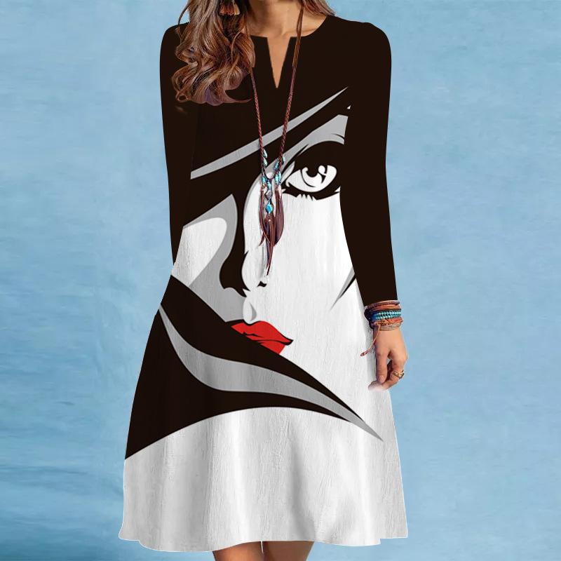 Women's Spring/summer Print Long-sleeved Dress V-neck Loose Swing Long-sleeved Mid-length Dress