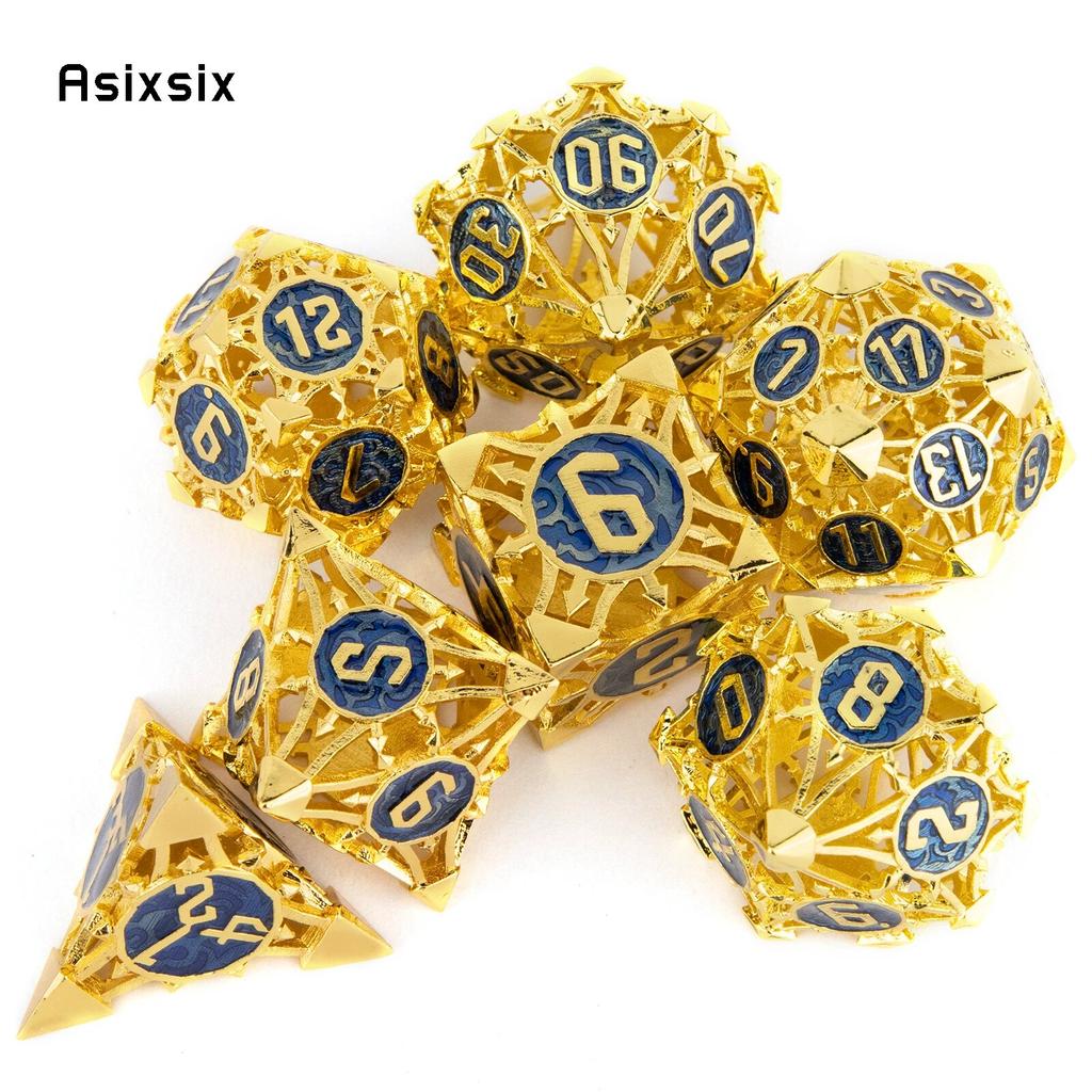 7 Pcs Yellow Blue Metal Dice Hollow Metal Polyhedral Dice Set Suitable for Role-Playing RPG    Board Game Card Game