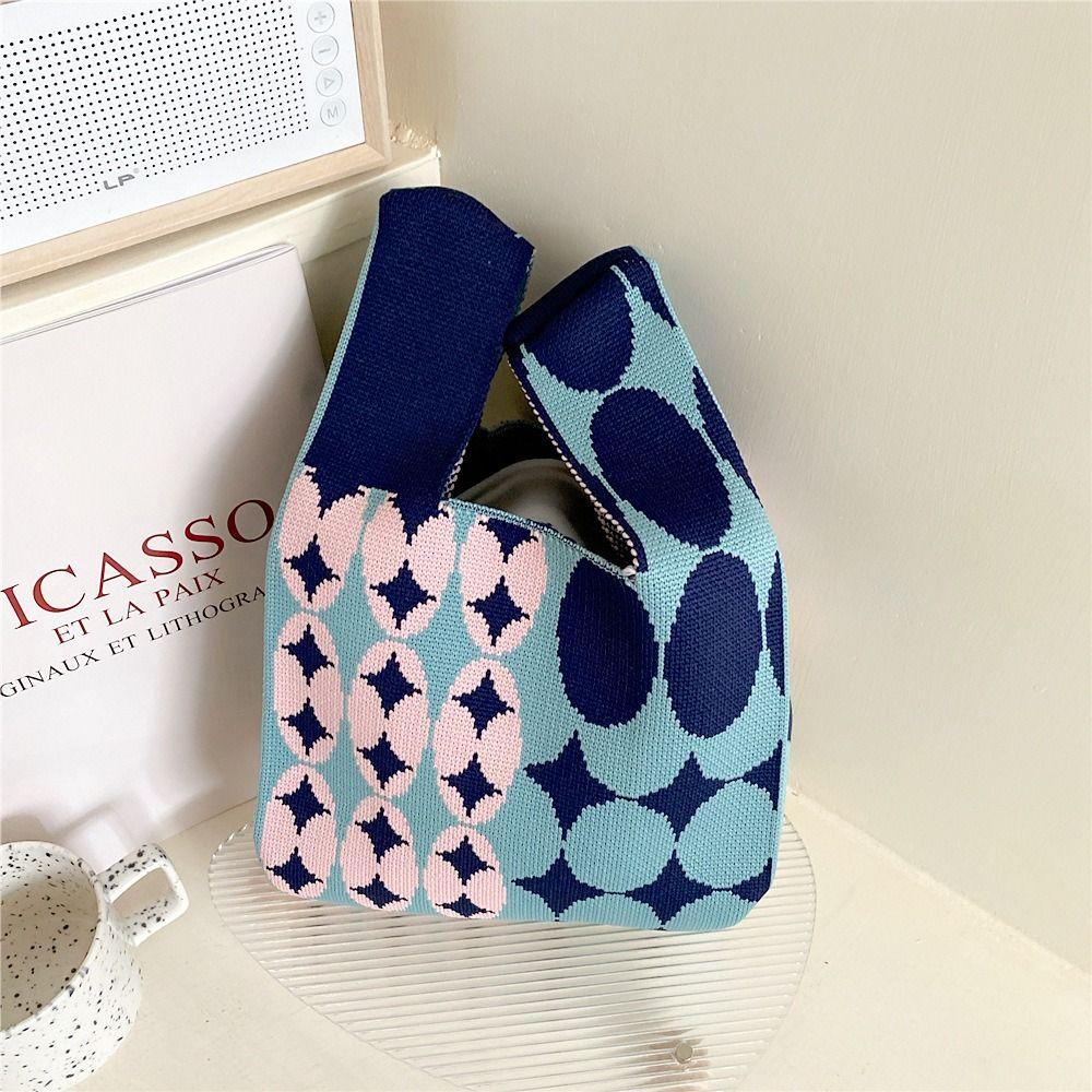 Mini Karo Strick Handtasche Nischen Design Damen Mädchen Tragetasche Handgeknüpft Knoten Handgelenk Tasche Lässig Farbe Umhängetasche Einkaufstaschen