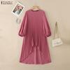 ZANZEA Women Casual Round Neck Long Sleeve Loose Irregular Pleated Blouse